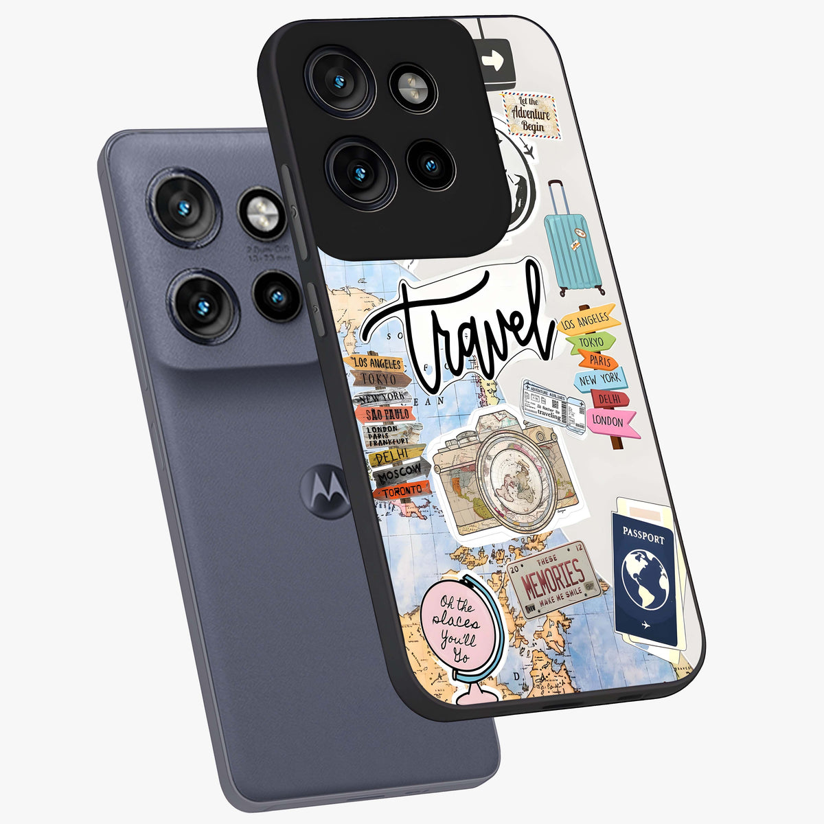 Wanderlust Journal Glass Case displayed in angled mockup highlighting adventure themed design with aesthetic travel vibe.