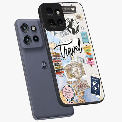Wanderlust Journal Glass Case displayed in angled mockup highlighting adventure themed design with aesthetic travel vibe.