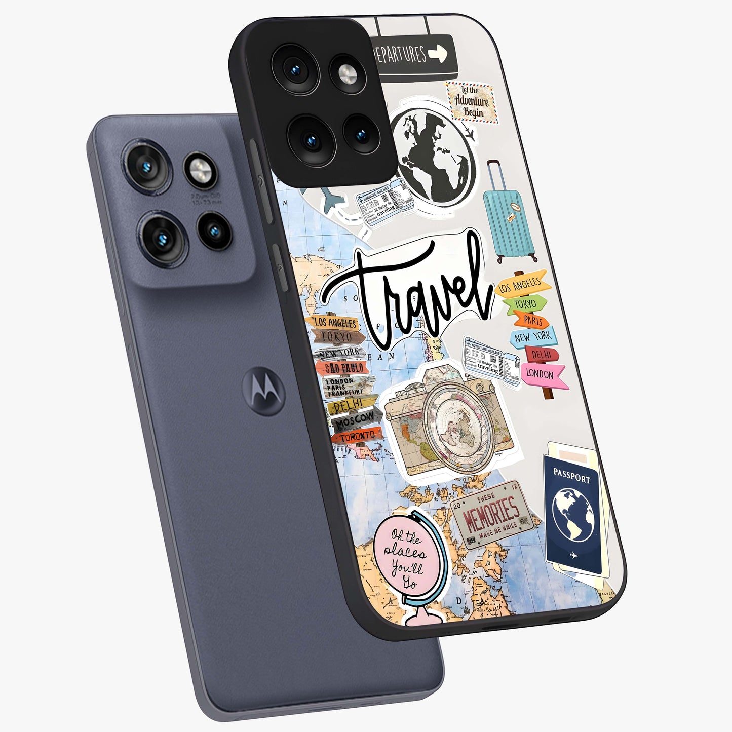 Wanderlust Journal Glass Case displayed in angled mockup highlighting adventure themed design with aesthetic travel vibe.