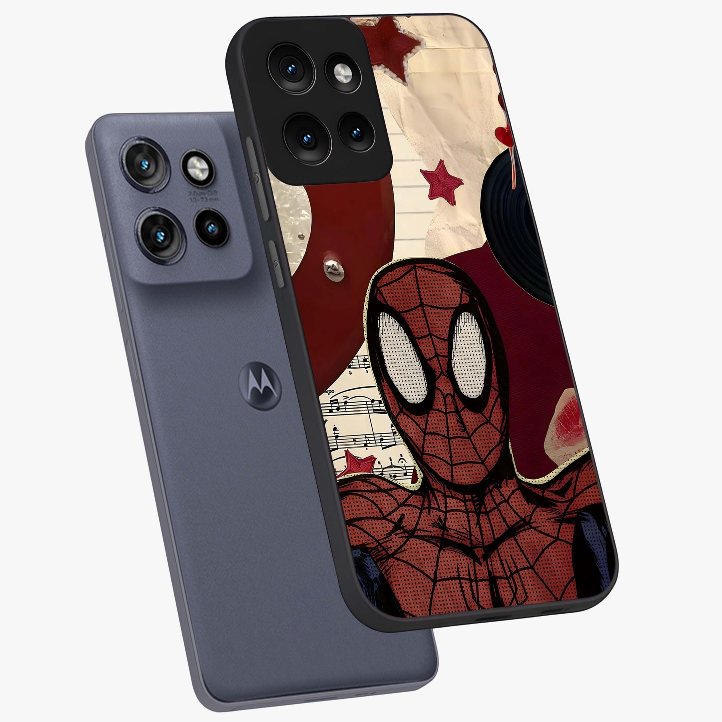 Web Warrior Vibes Glass Case displayed in angled mockup highlighting dynamic web design with comic style aesthetic.