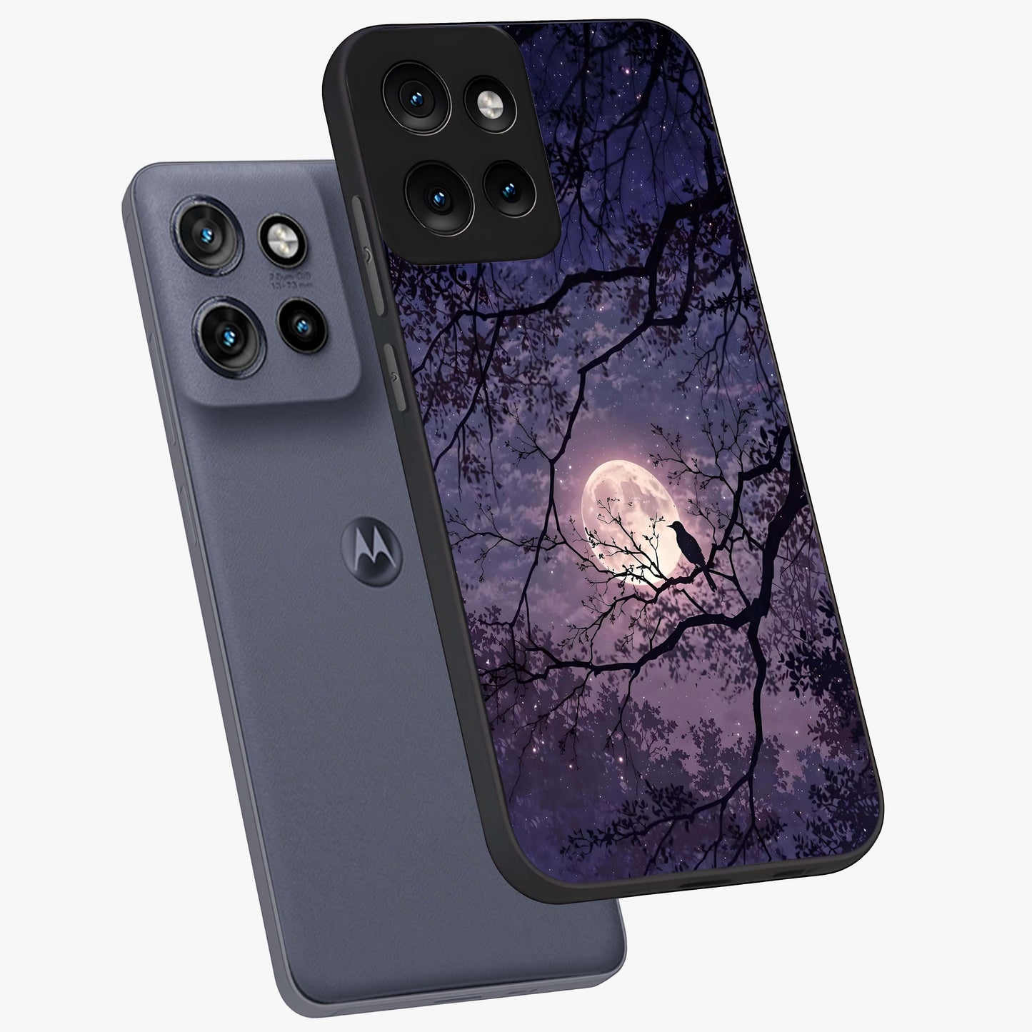 Whispering Moon Silence Glass Case displayed in angled mockup highlighting calm lunar design with dreamy night aesthetic.