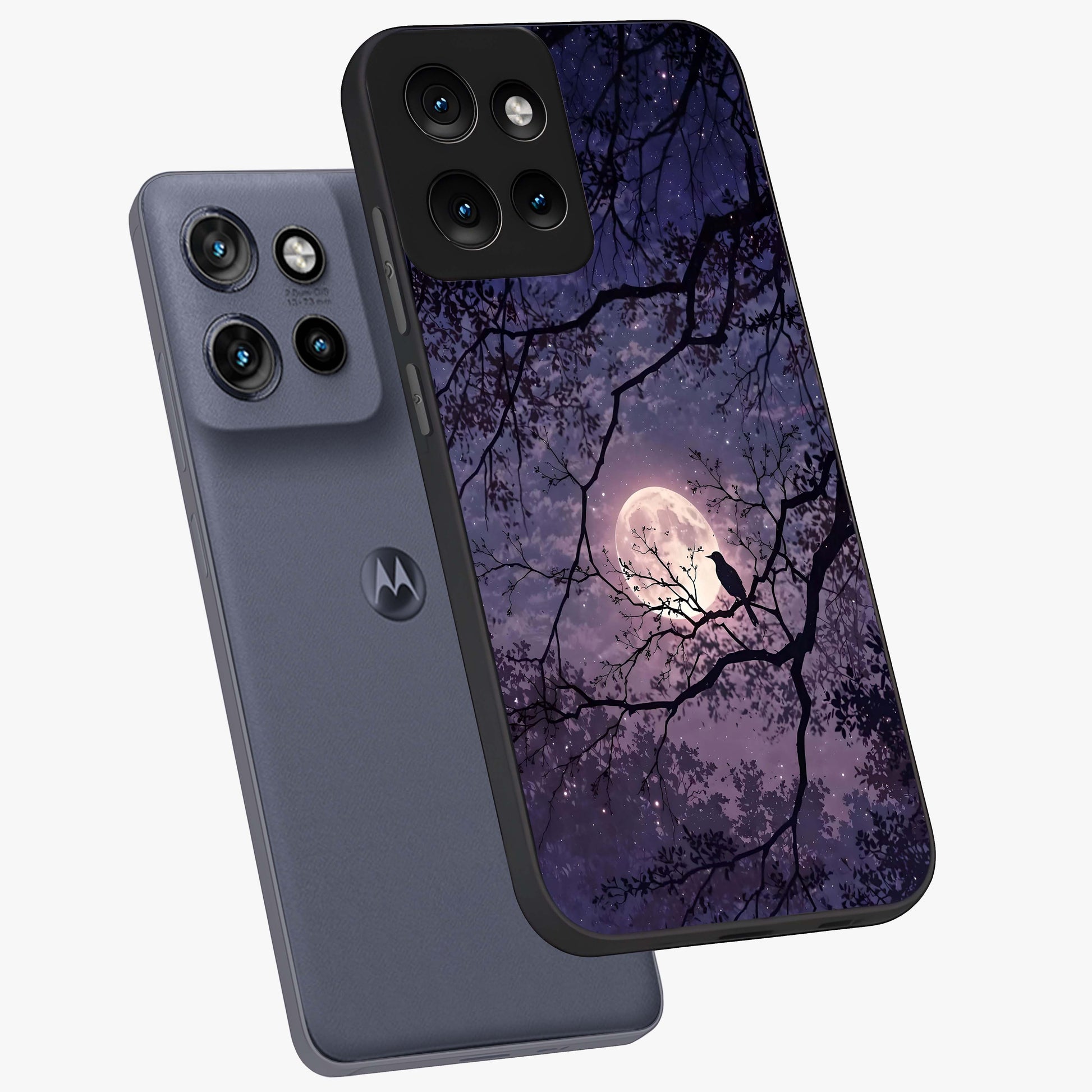 Whispering Moon Silence Glass Case displayed in angled mockup highlighting calm lunar design with dreamy night aesthetic.
