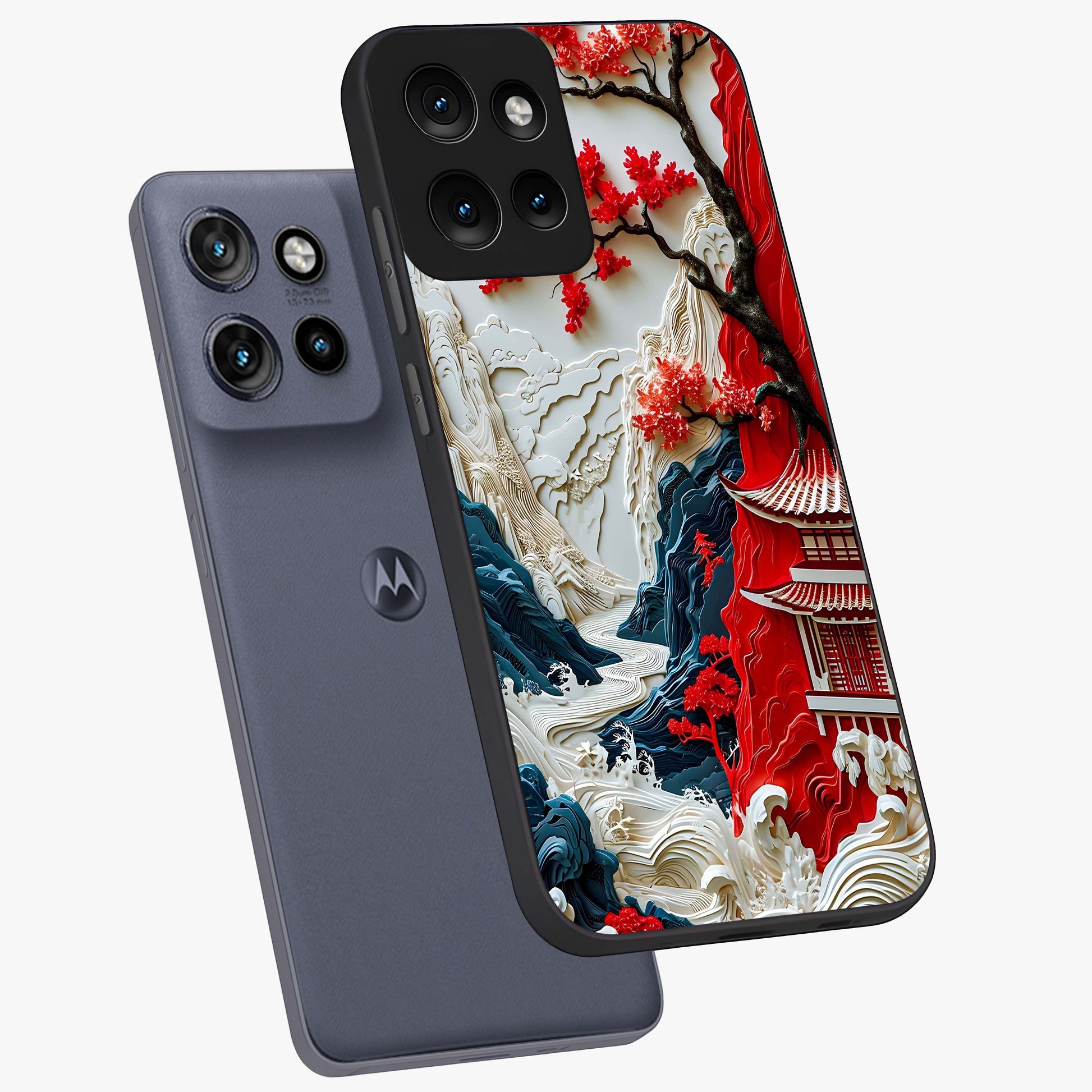 Whispers Of Sakura Waves Glass Case displayed in angled mockup highlighting flowing sakura design with soft floral aesthetic.