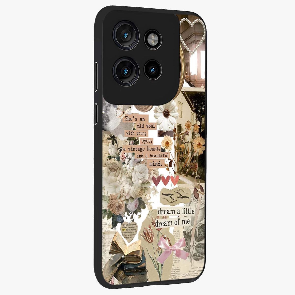 Aesthetic Brown Vintage Collage Glass Case upright view showcasing nostalgic retro artwork with stylish vintage theme.