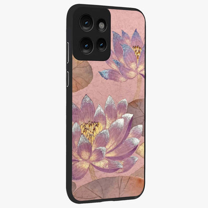 Blossom Mist Lotus Glass Case upright view showcasing graceful lotus flower design with peaceful botanical style.