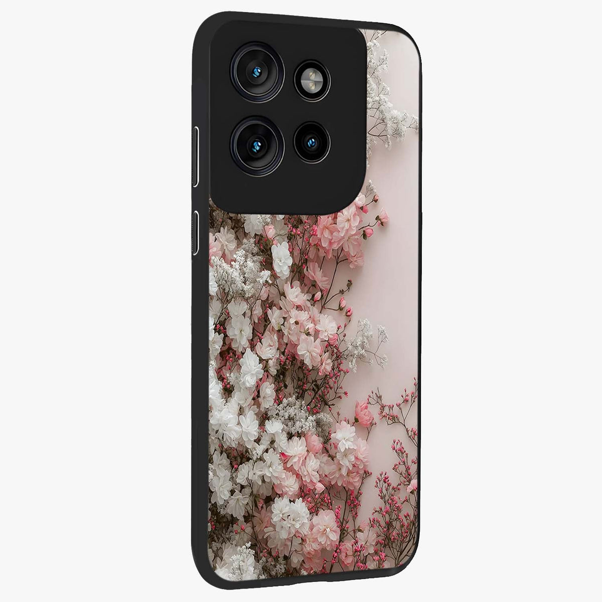Blush Blossom Cloud Glass Case upright view showcasing calm floral cloud artwork with gentle dreamy theme.