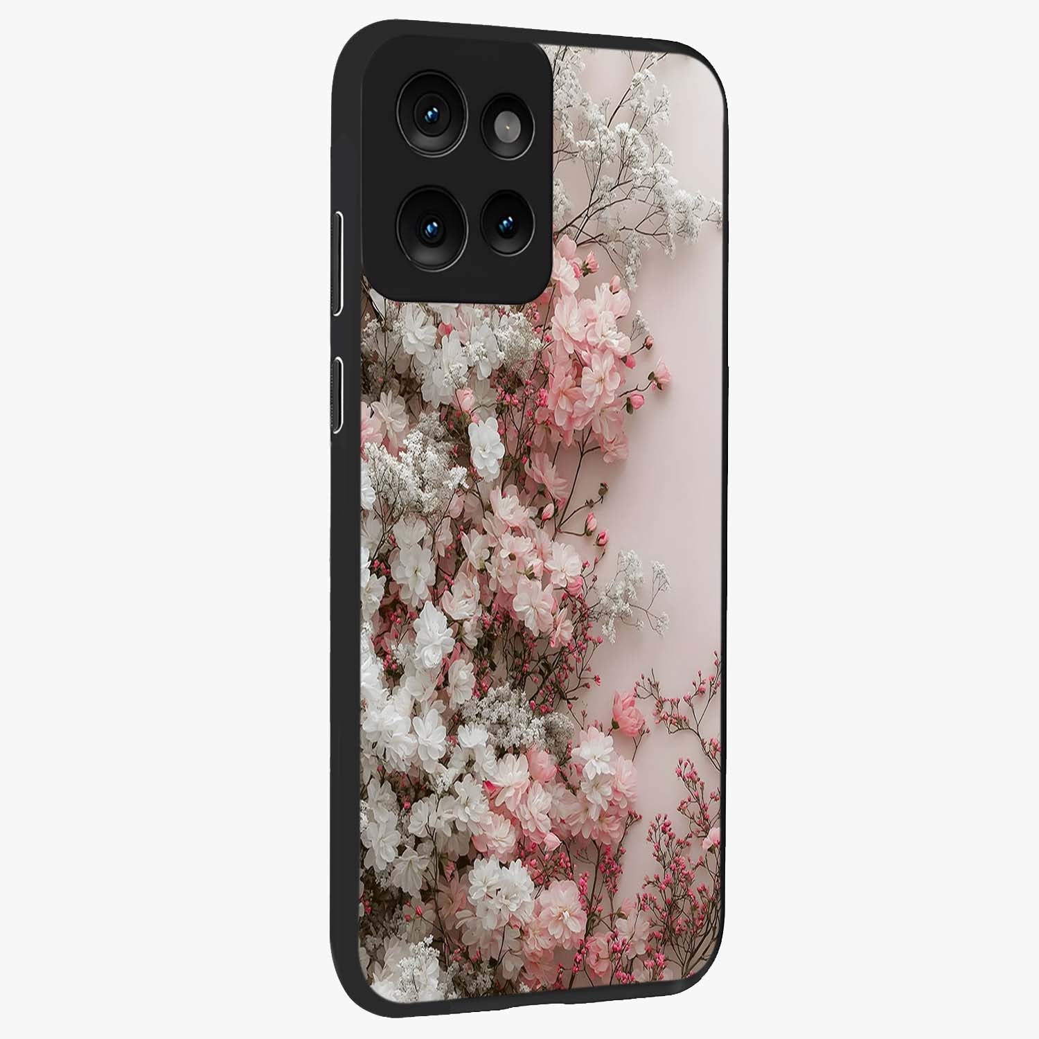 Blush Blossom Cloud Glass Case upright view showcasing calm floral cloud artwork with gentle dreamy theme.