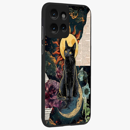 Celestial Black Cat Glass Case upright view showcasing magical black cat illustration with starry cosmic theme.