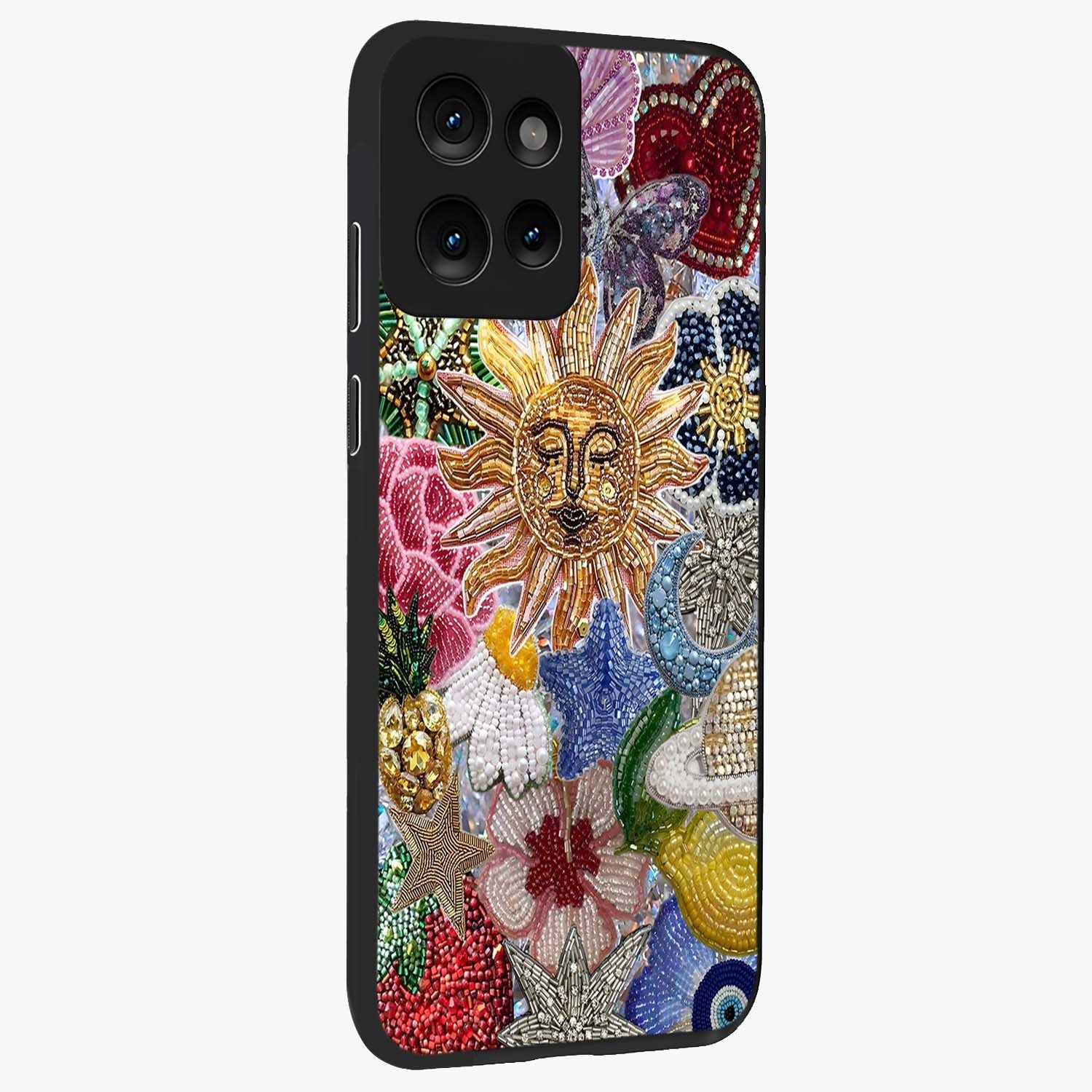 Celestial Floral and Playful Glass Case upright view showcasing whimsical floral artwork with cosmic aesthetic theme.