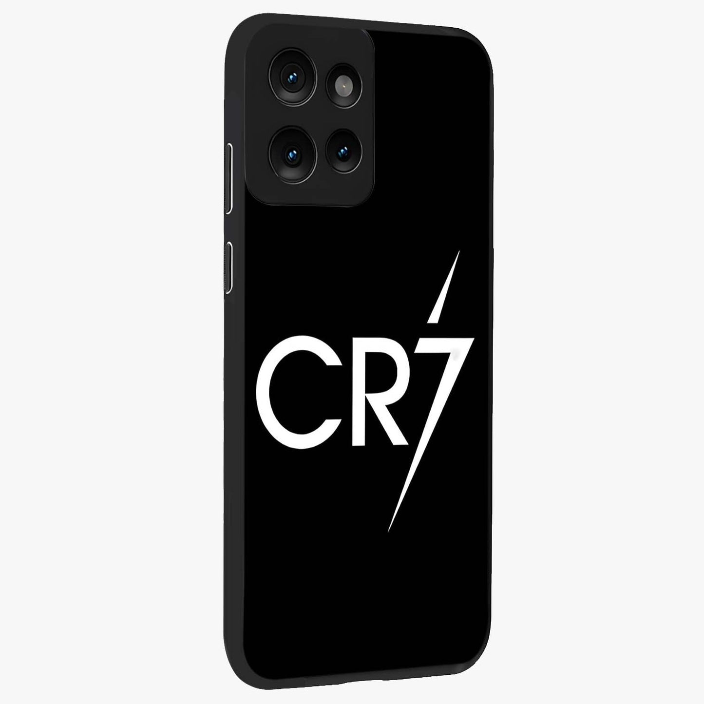 Cr7 Elite Strike Glass Case upright view showcasing energetic football inspired design with modern sports aesthetic.