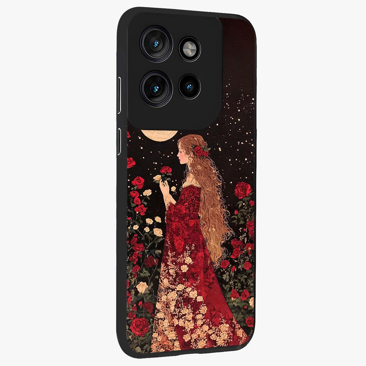 Crimson Dreams Glass Case upright view showcasing dreamy red toned artwork with modern aesthetic style.