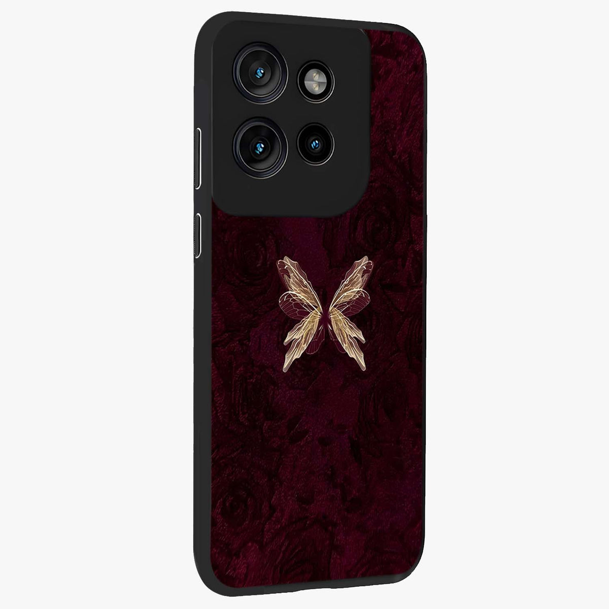 Crimson Fade Butterfly Glass Case upright view showcasing graceful butterfly artwork with soft crimson fade effect.