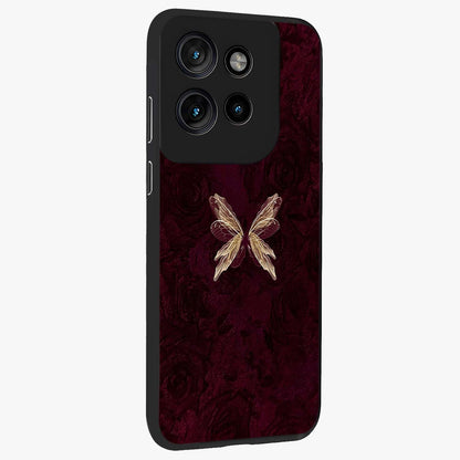 Crimson Fade Butterfly Glass Case upright view showcasing graceful butterfly artwork with soft crimson fade effect.