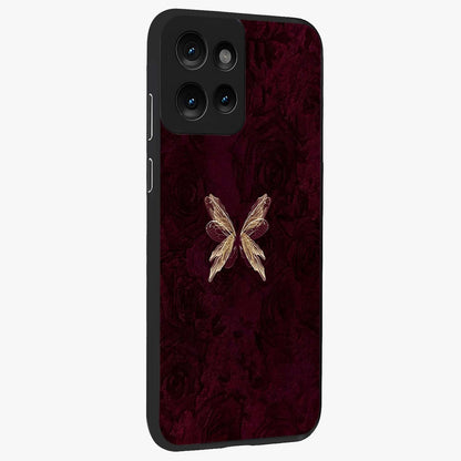 Crimson Fade Butterfly Glass Case upright view showcasing graceful butterfly artwork with soft crimson fade effect.