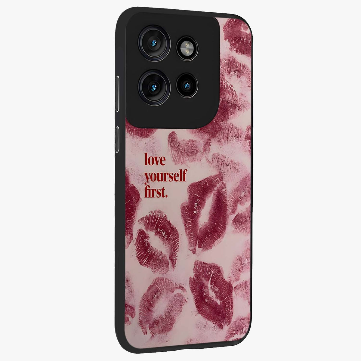 Crimson Kiss Love Glass Case upright view showcasing expressive romantic artwork with deep crimson theme.