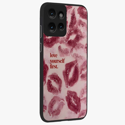 Crimson Kiss Love Glass Case upright view showcasing expressive romantic artwork with deep crimson theme.