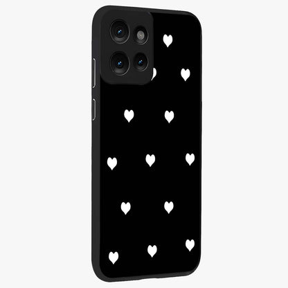 Cute And Simple White Hearts Glass Case upright view showcasing simple white hearts artwork with soft minimal theme.