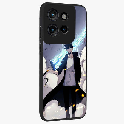 Dark Lightning Anime Warrior Glass Case upright view showcasing dramatic warrior artwork with dark lightning aesthetic.