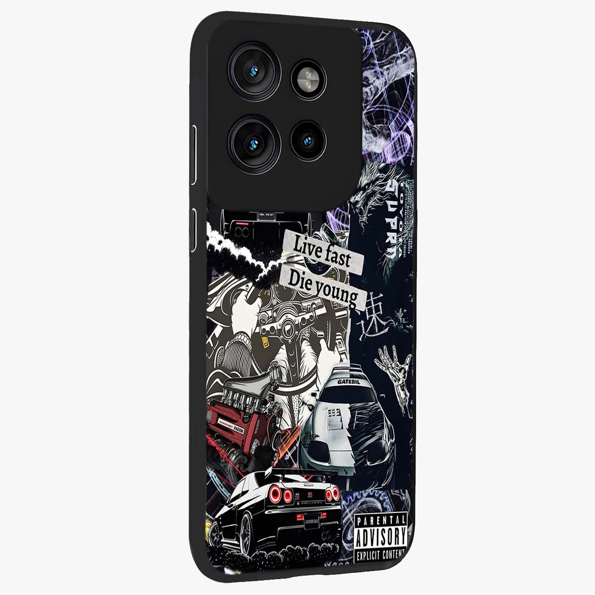 Die Young Glass Case upright view showcasing striking typography artwork with modern statement theme.