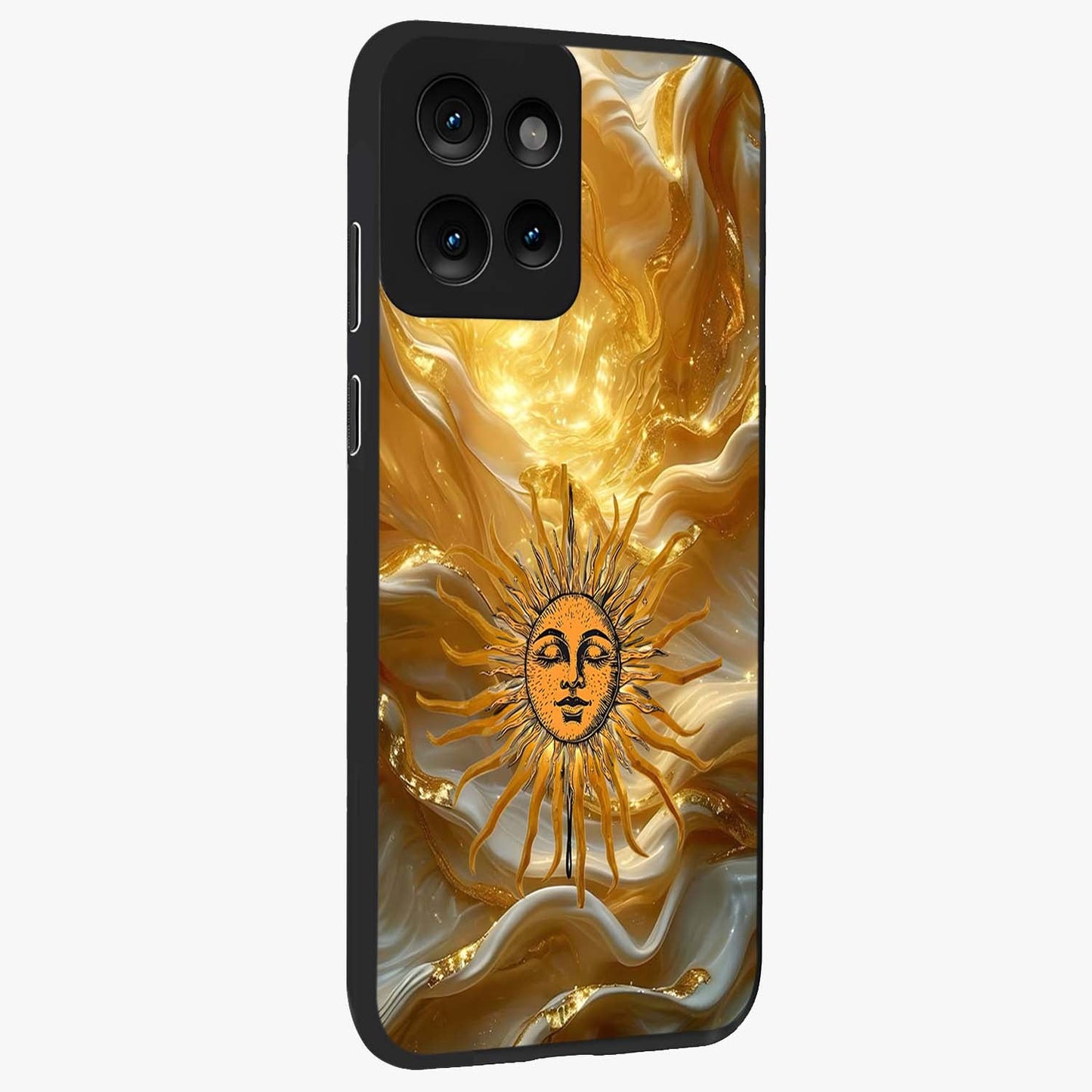 Eternal Golden Glow Glass Case upright view showcasing luminous golden artwork with luxurious visual theme.