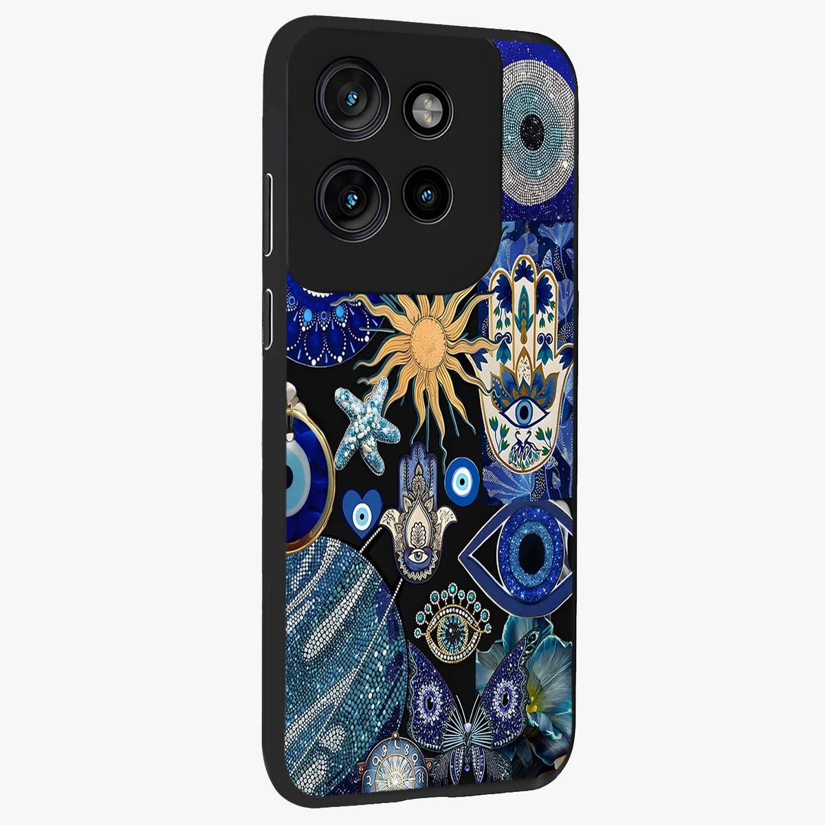 Evil Eye Charm Mix Glass Case upright view showcasing mystical evil eye pattern with vibrant decorative style.
