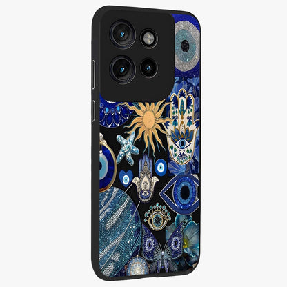 Evil Eye Charm Mix Glass Case upright view showcasing mystical evil eye pattern with vibrant decorative style.