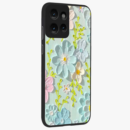 Frosted Petal Garden Glass Case upright view showcasing elegant floral garden artwork with soothing pastel theme.