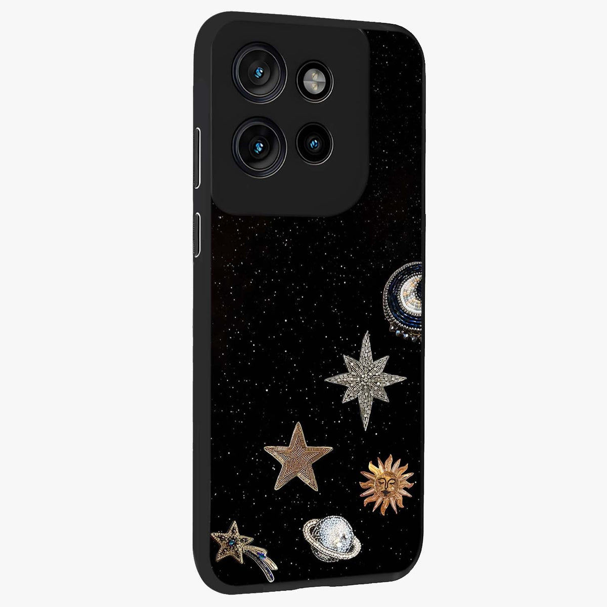 Galactic Charm Glow Glass Case upright view showcasing glowing cosmic charm artwork with magical celestial style.