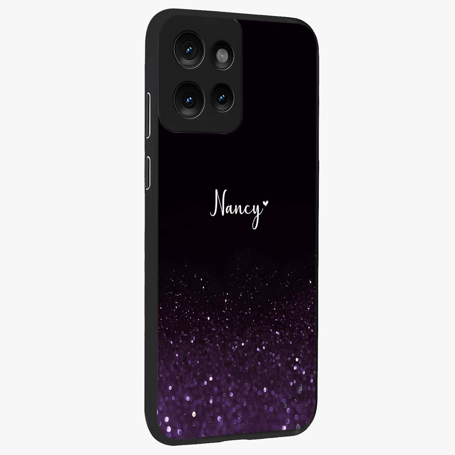 Glittery Purple Bokeh Custom Name Glass Case upright view showcasing vibrant purple sparkle artwork with personalized aesthetic style.