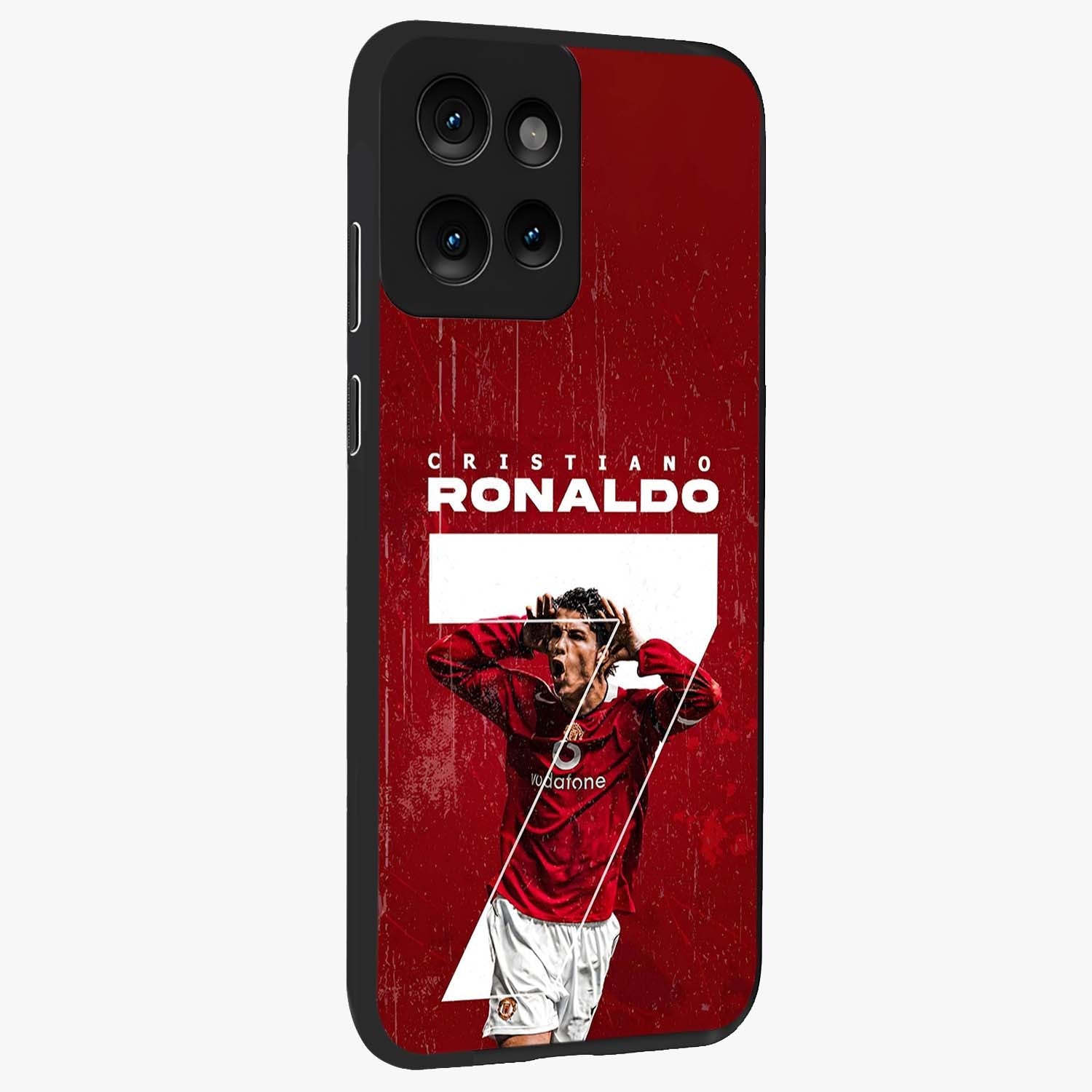 Goal Celebration Legacy Glass Case upright view showcasing dynamic football inspired artwork with victory celebration aesthetic.