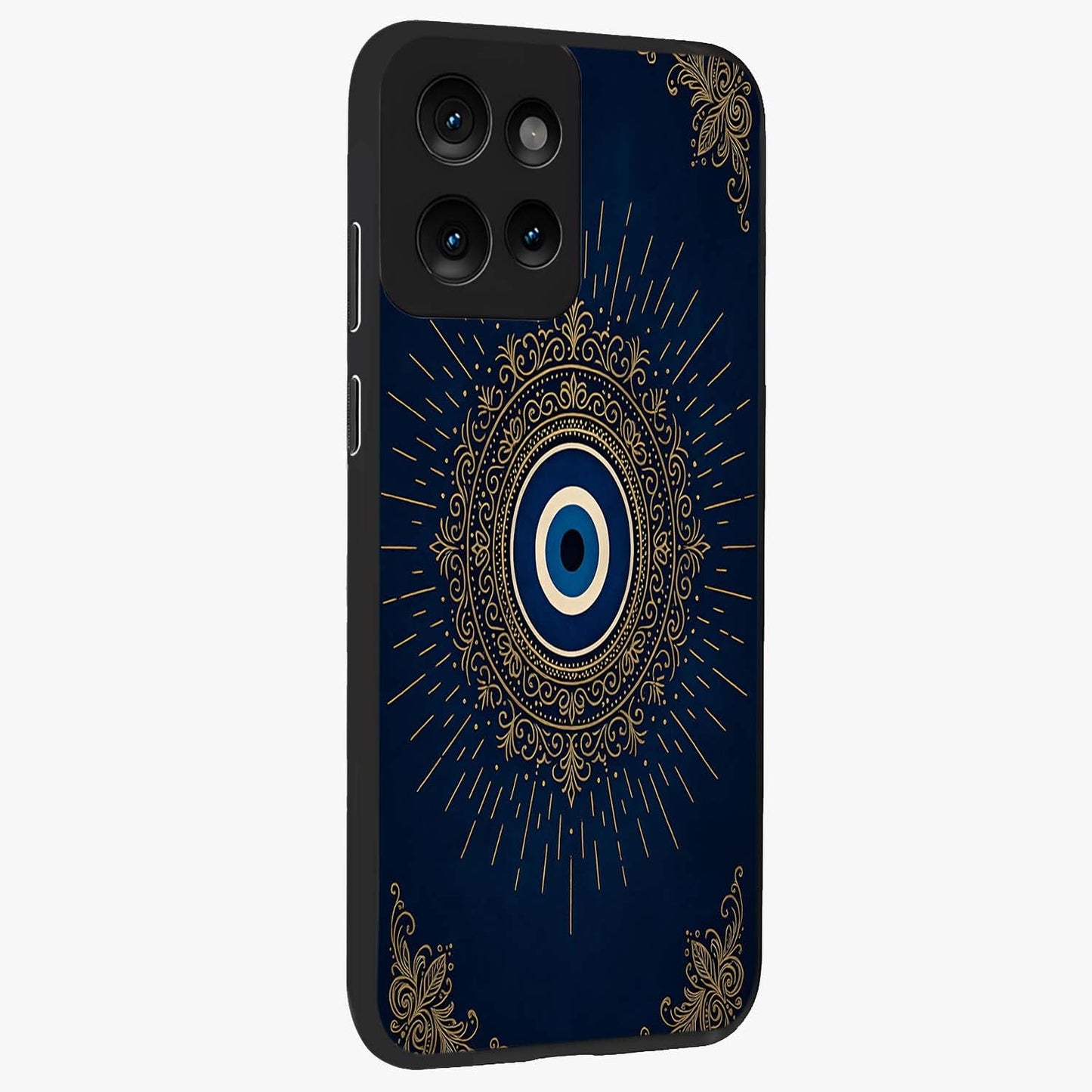 Golden Celestial Charm Glass Case upright view showcasing radiant celestial artwork with elegant golden theme.