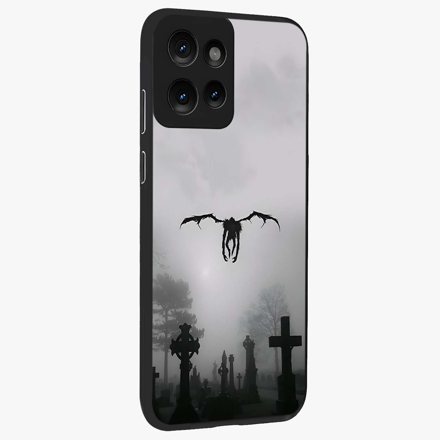 Graveyard Shadow Descent Glass Case upright view showcasing haunting graveyard artwork with dramatic dark theme.