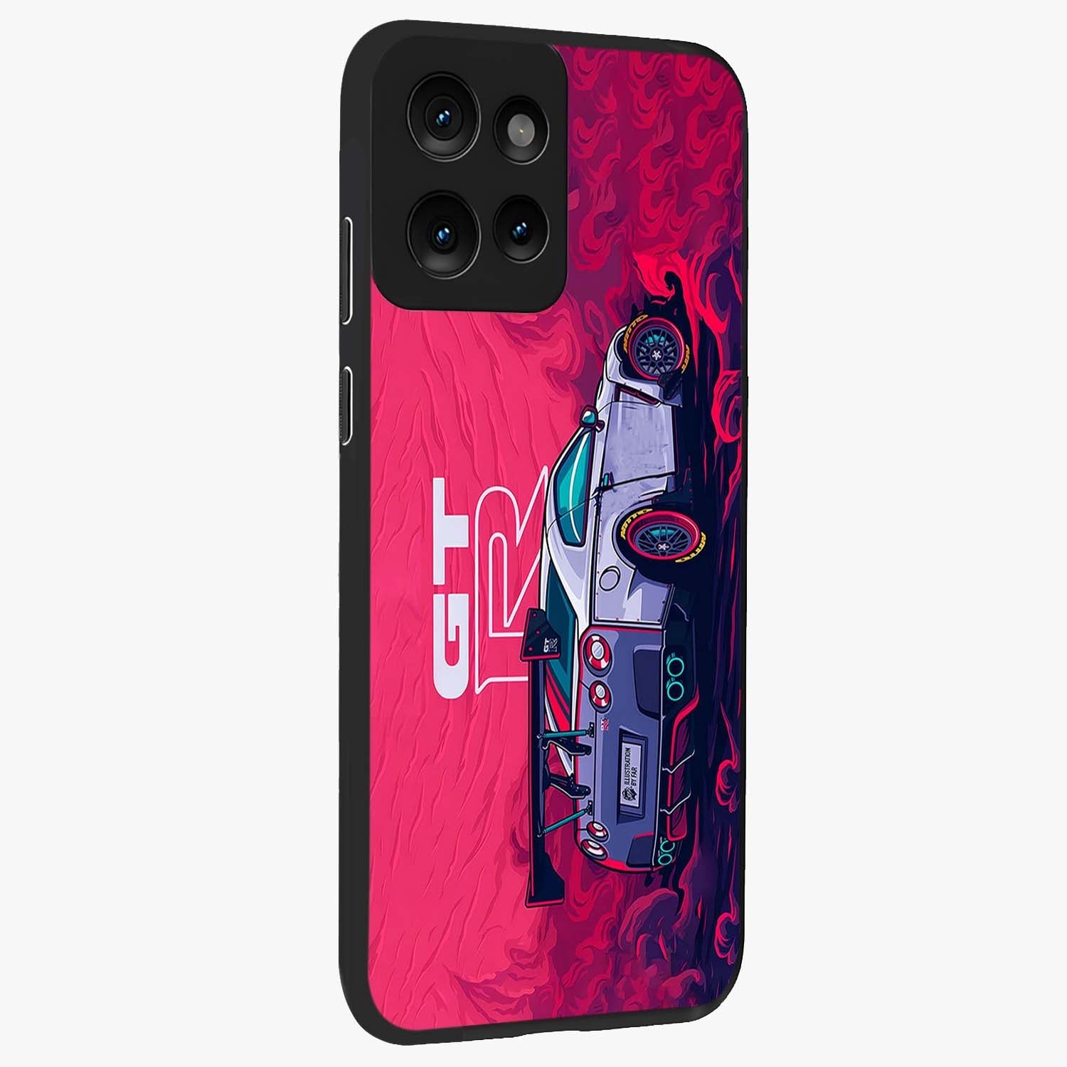 GT-R Car Pattern Glass Case upright view showcasing dynamic car pattern artwork with modern sports theme.