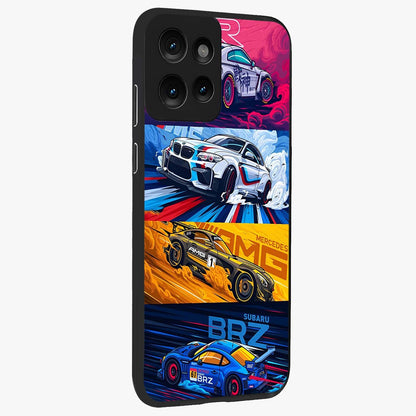 JDM Sports Car Glass Case upright view showcasing dynamic sports car artwork with bold racing theme.