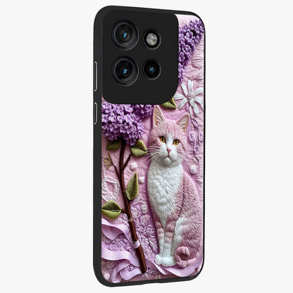 Lavender Cat Whimsy Glass Case upright view showcasing charming cat artwork with whimsical lavender theme.