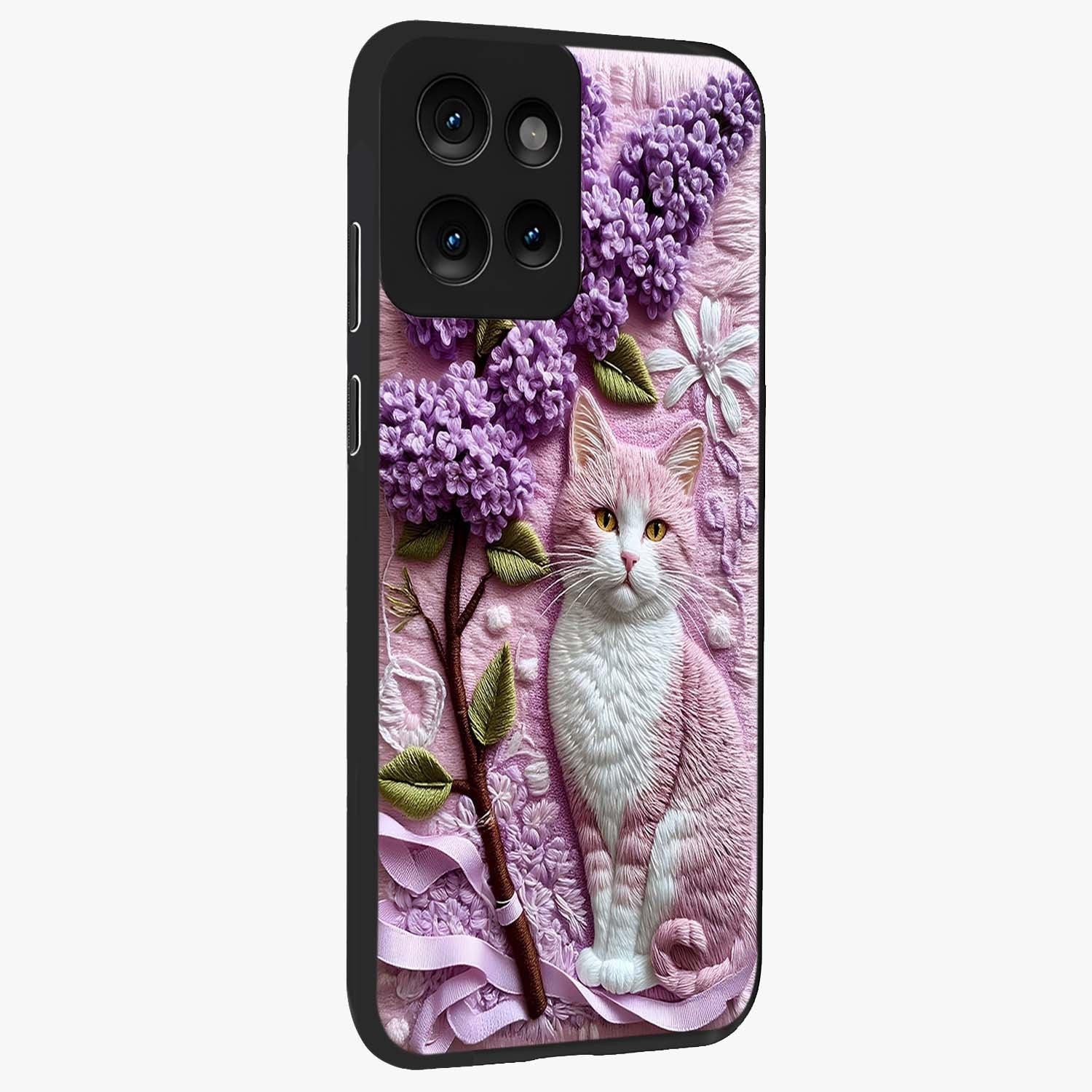 Lavender Cat Whimsy Glass Case upright view showcasing charming cat artwork with whimsical lavender theme.