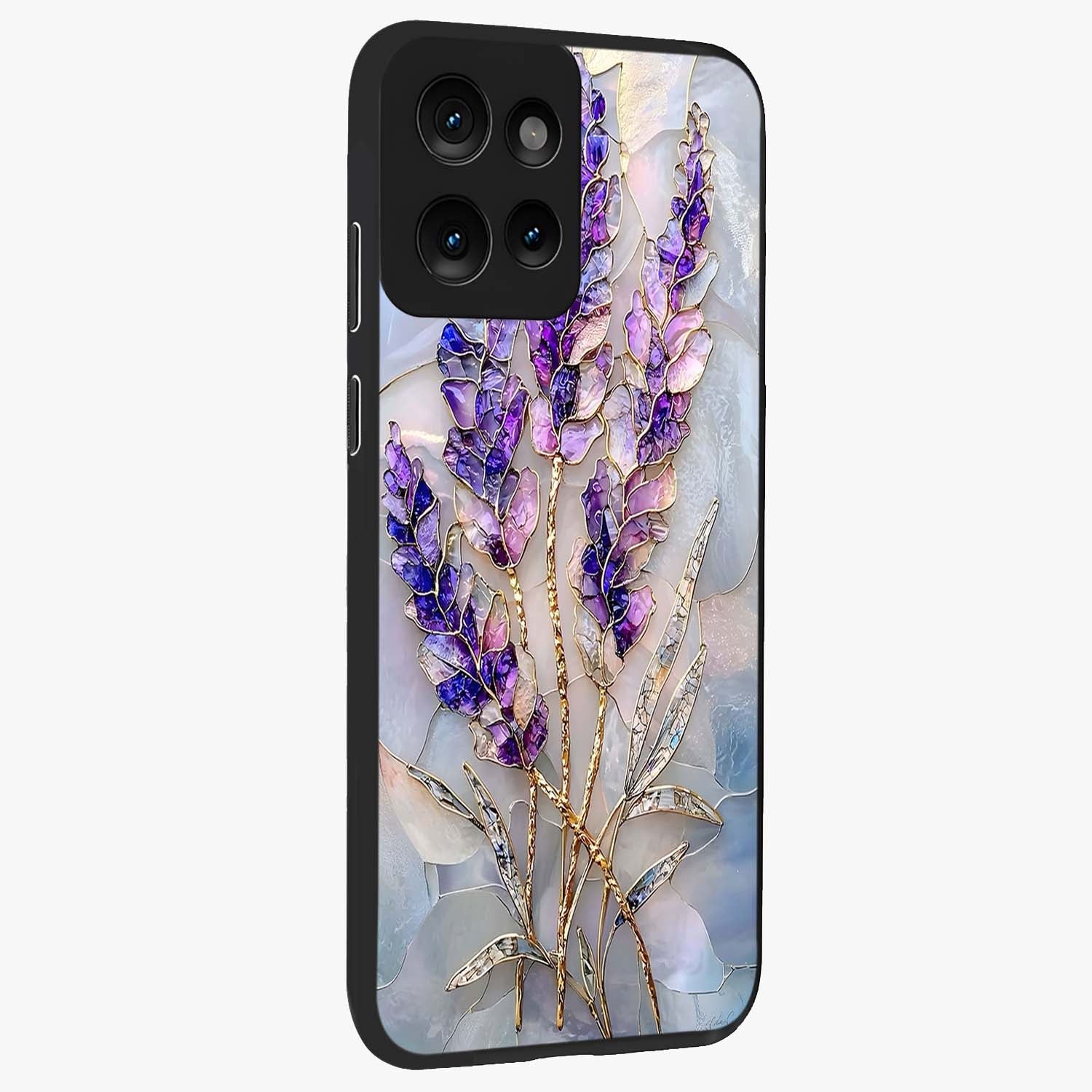 Lavender Dream Glow Glass Case upright view showcasing radiant lavender glow artwork with calming dreamy theme.