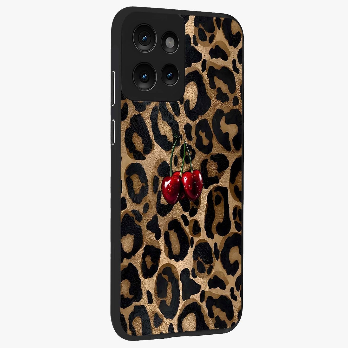 Leopard Wild Cherry Glass Case upright view showcasing stylish leopard pattern artwork with trendy fashion theme.