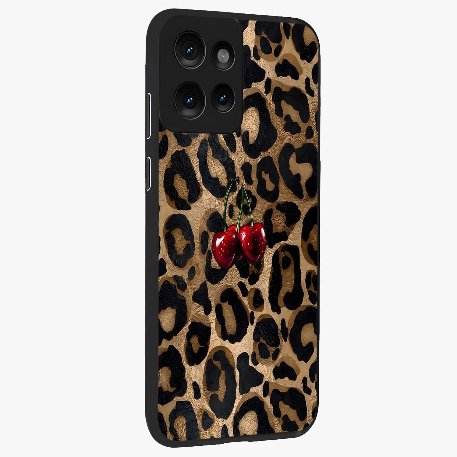 Leopard Wild Cherry Glass Case upright view showcasing stylish leopard pattern artwork with trendy fashion theme.