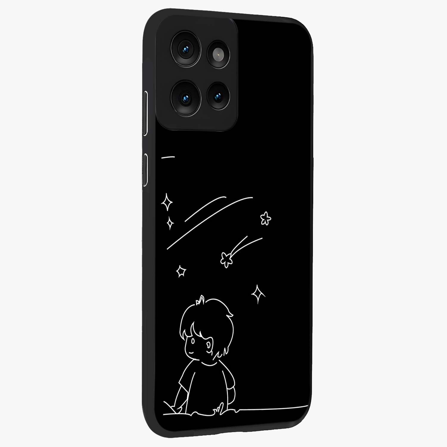Line Art Boy With Shooting Stars Glass Case upright view showcasing artistic shooting star illustration with minimal style.