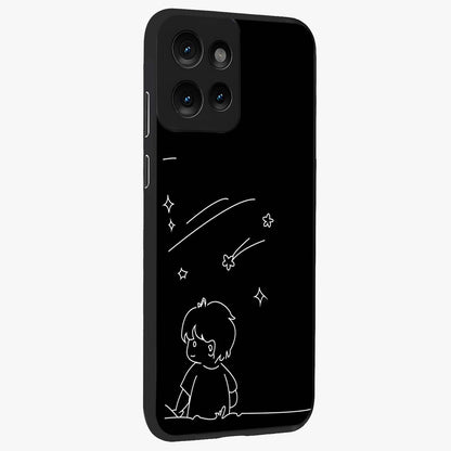 Line Art Boy With Shooting Stars Glass Case upright view showcasing artistic shooting star illustration with minimal style.