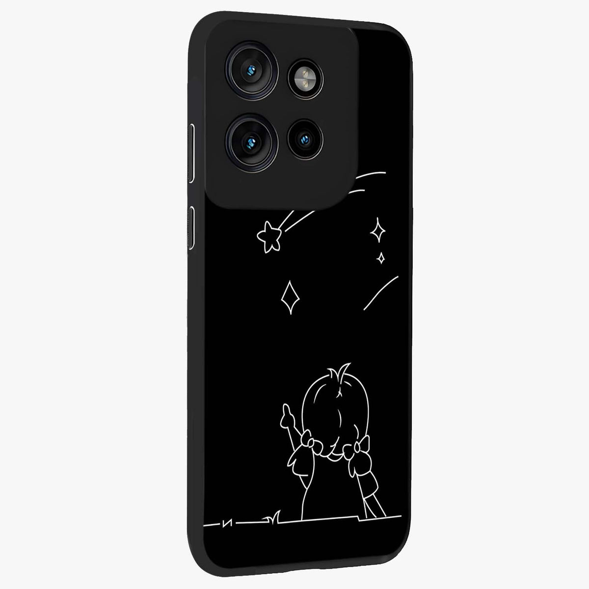 Line Art Girl With Shooting Stars Glass Case upright view showcasing delicate shooting stars artwork with minimal artistic theme.