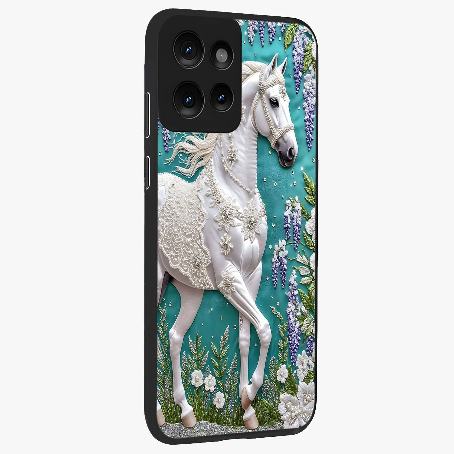 Majestic Floral Stallion Glass Case upright view showcasing dramatic horse artwork with decorative floral theme.
