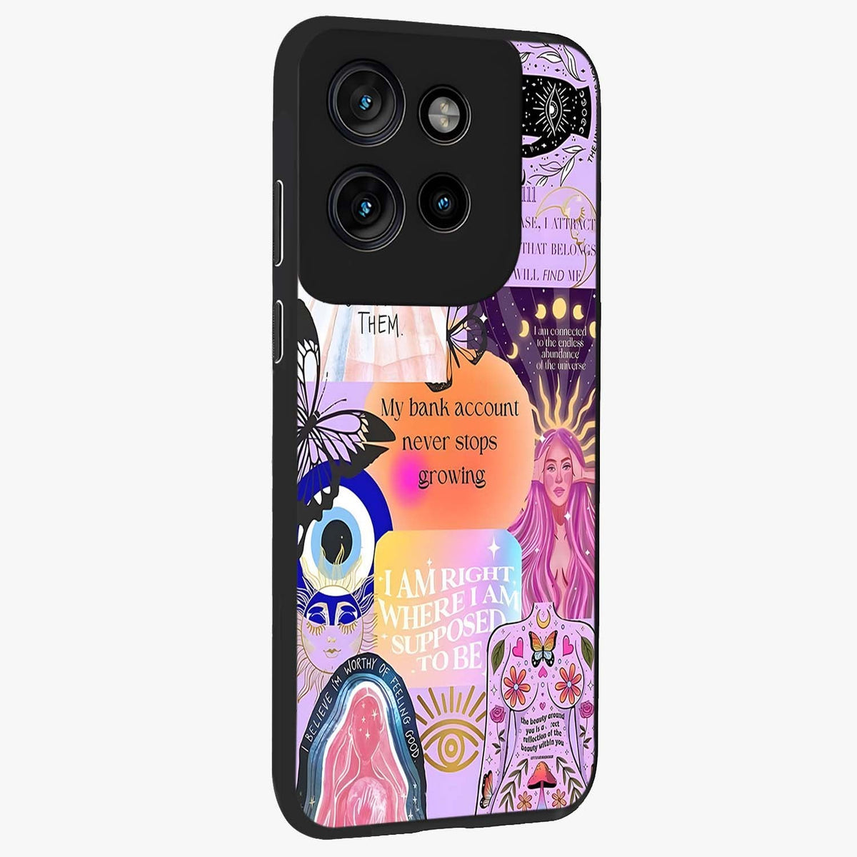 Manifestation Collage Glass Case upright view showcasing artistic manifestation themed artwork with creative style.