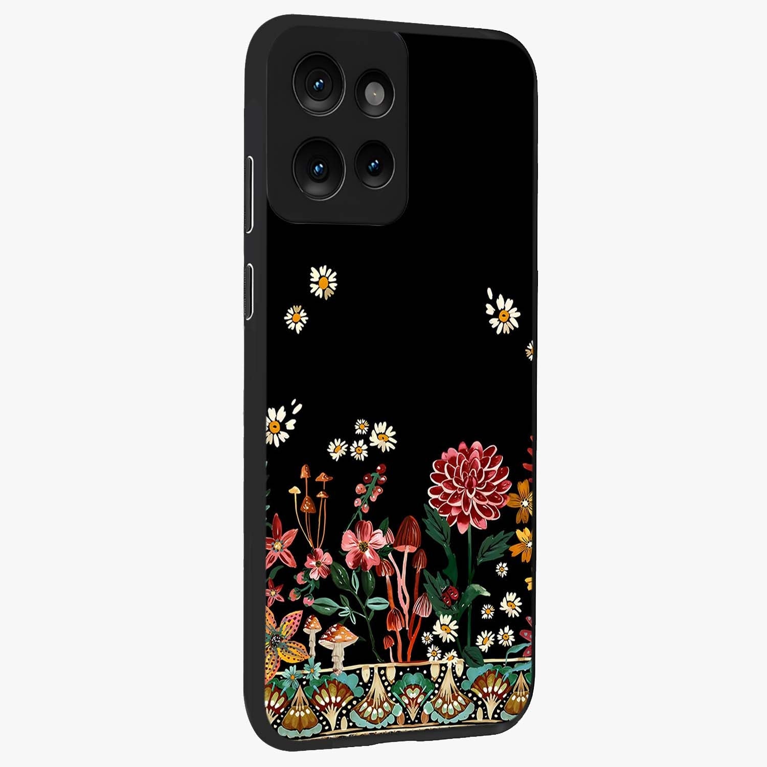 Midnight Bloom Pattern Glass Case upright view showcasing decorative floral artwork with deep night themed palette.