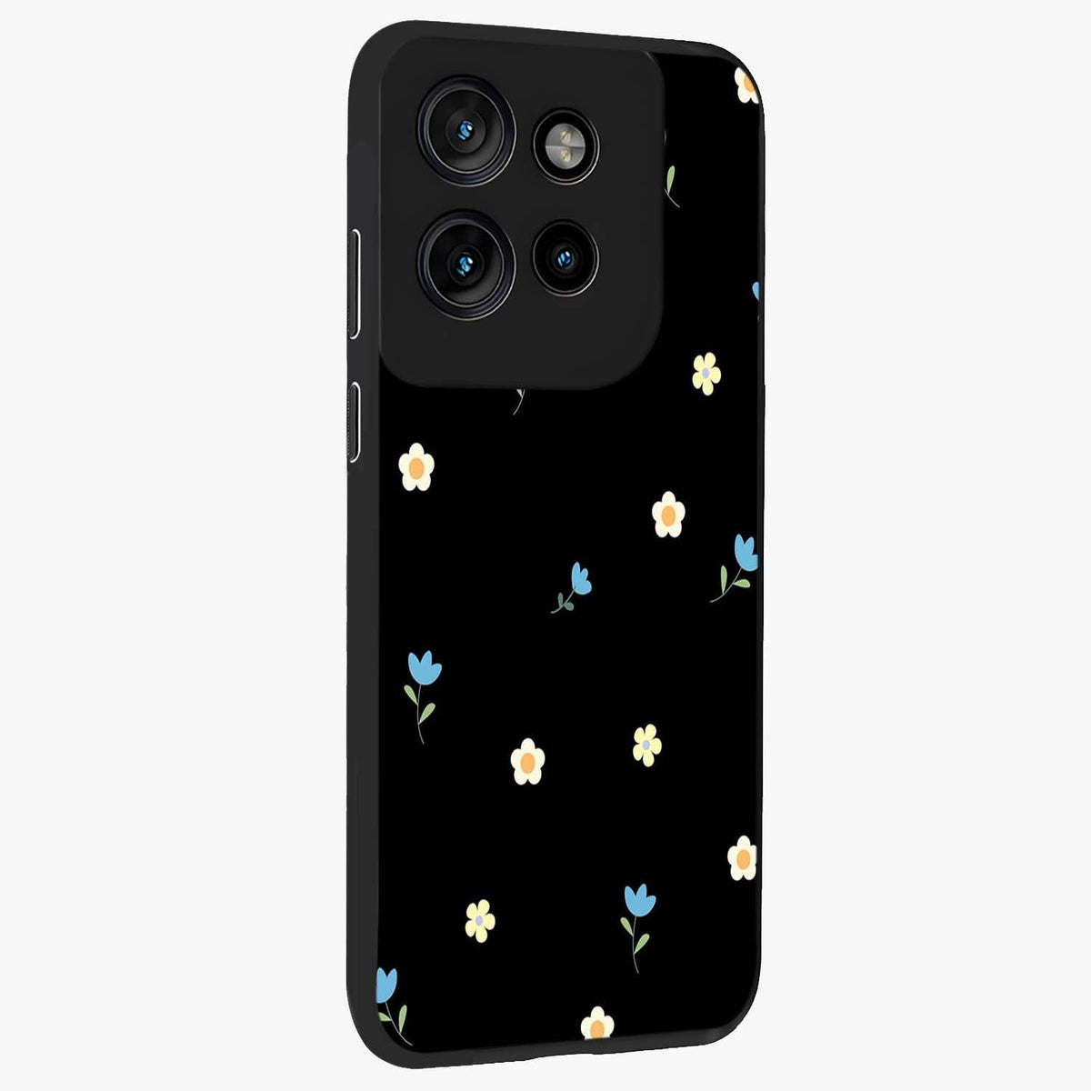 Minimal Petal Whispers Glass Case upright view showcasing elegant floral artwork with modern minimalist style.