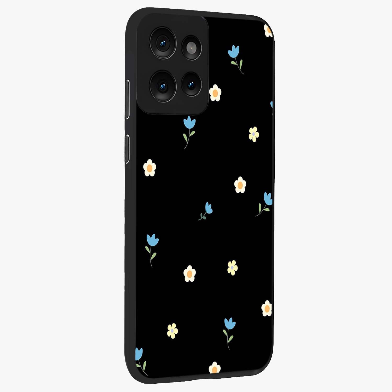 Minimal Petal Whispers Glass Case upright view showcasing elegant floral artwork with modern minimalist style.