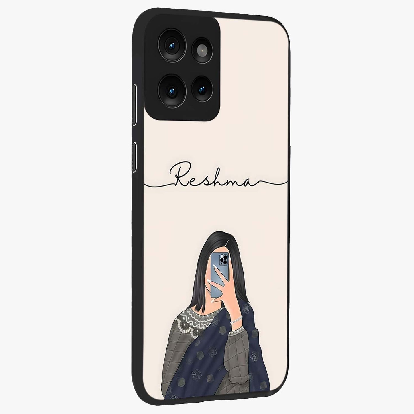 Mirror Mood Muse With Custom Name Glass Case upright view showcasing artistic mirror themed artwork with personalized aesthetic.