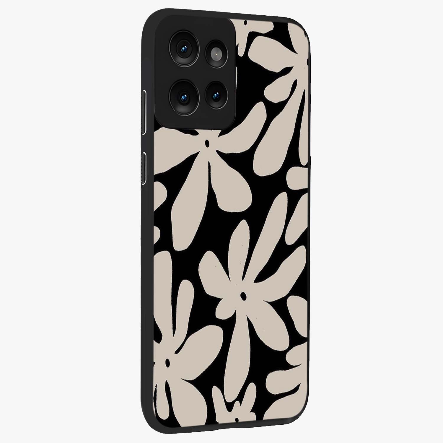 Monochrome Petal Dance Glass Case upright view showcasing artistic floral pattern with stylish monochrome theme.