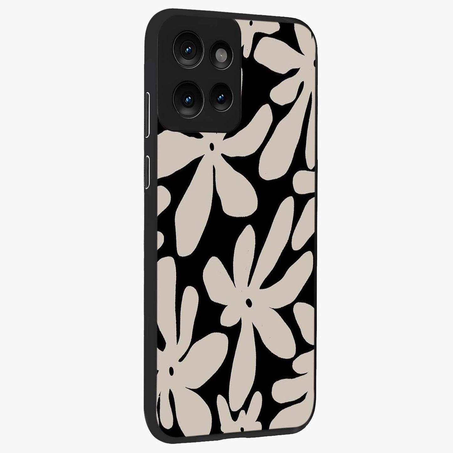 Monochrome Petal Dance Glass Case upright view showcasing artistic floral pattern with stylish monochrome theme.